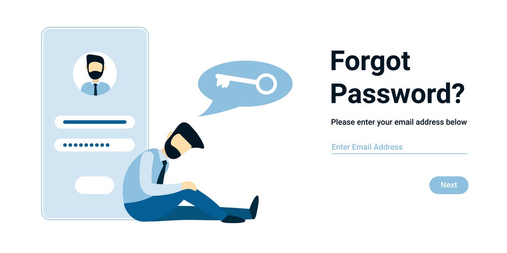 Unhappy businessman forgot account password. Vector male character design concept for business. Illustration for landing page, web, poster, banner, layout, template.